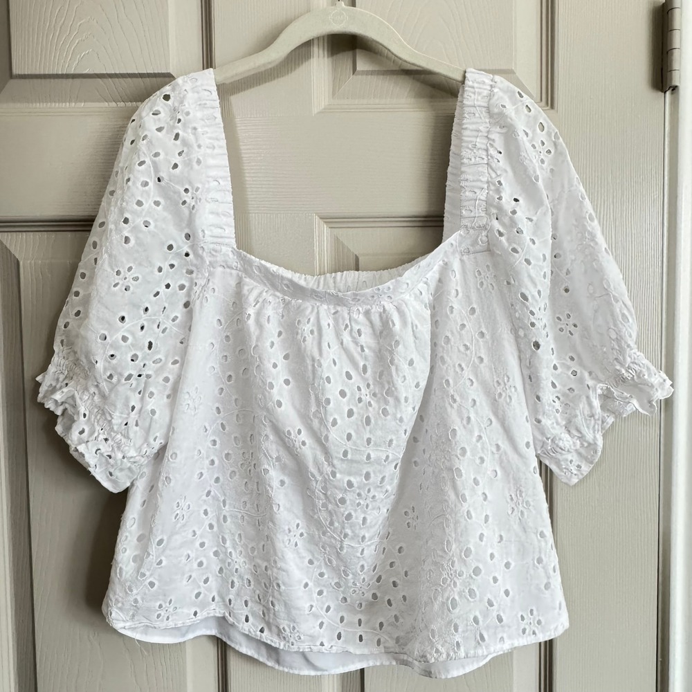1.STATE White Eyelet Puff Sleeve Square‎ Neck Blouse Top XL Cotton Floral Lined